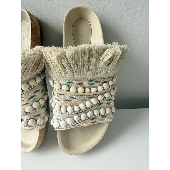 Chloé Nolan Tapestry Fringe Slides Sandals Size 36 Beige Boho Raffia Beaded Trim - Picture 3 of 14